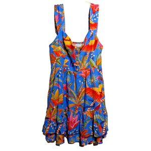 Farm Rio Dress Womens Medium Blue Tropical‎ Parrot Print Button Front Sundress
